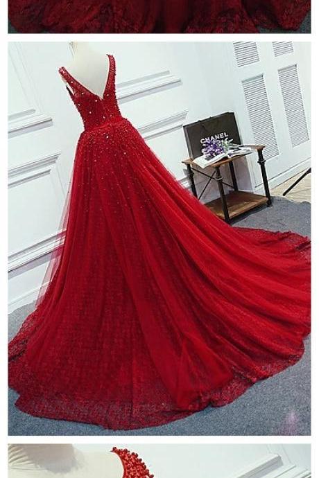 Red Prom Dress, Red Wedding Dress, Lace Prom Dress, Red Formal Dresses, Beading Red Long Prom Dresses