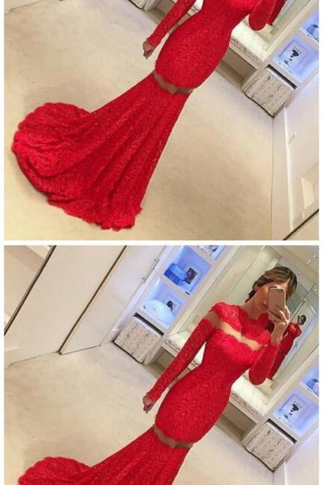 High Neck Red Prom Dresses Long Sleeve See-though Lace Mermaid Evening Gowns Zipper Back Sweep Train Party Dress