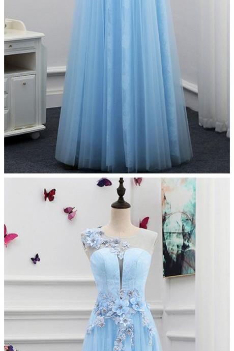 Fashion Prom Dresses,unique Light Blue Tulle Floor Length Flower Halter Formal Prom Dresses