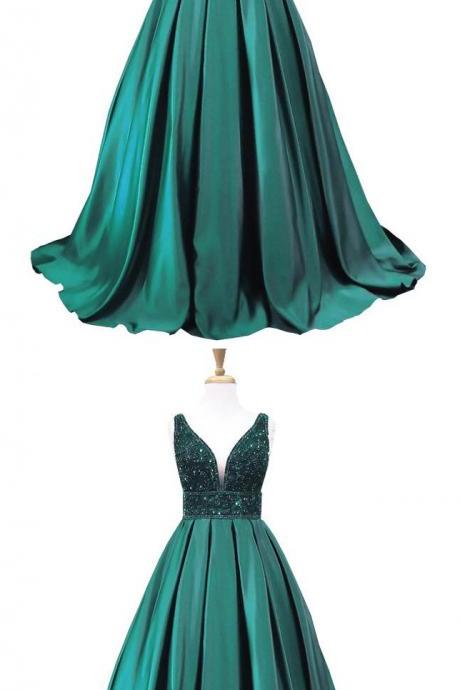 Spaghetti Straps Formal Dark Green Beaded Long Prom Dress