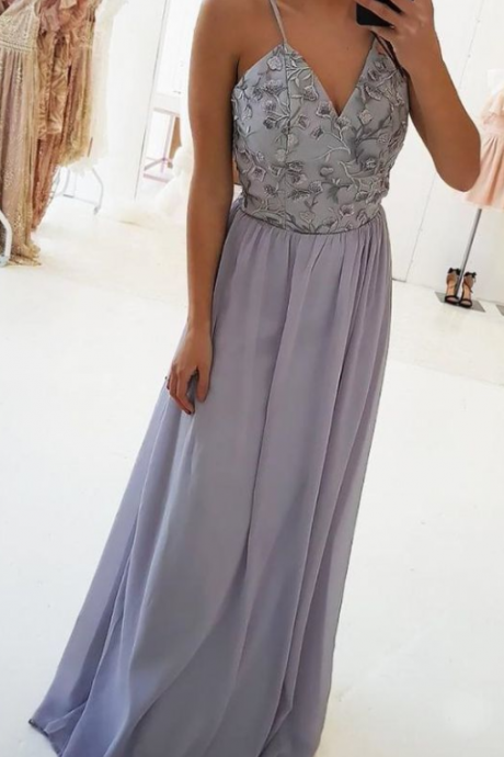 A-line Spaghetti Straps Floor-length Lilac Stretch Satin Prom Dress With Lace
