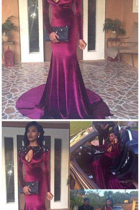 Prom Dresses With Keyhole Bust Jewel Neck Beaded Crystal Spandex Satin Long Sleeves Hollow Back Mermaid Party Evening Gowns