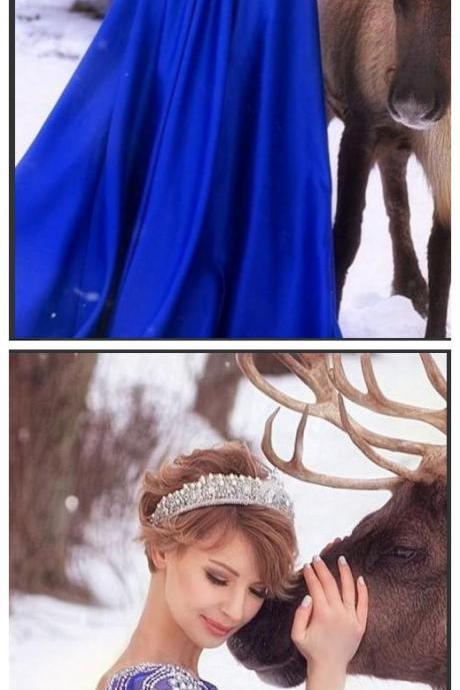 Sparkle Cap Sleeves Royal Blue Prom Dresses Scoop Neck Crystal Beaded Satin Floor Length Backless Princess Evening Dresses Formal Gowns