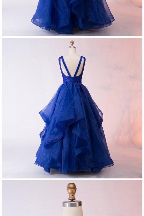 A-line Bateau Asymmetry Royal Blue Organza Prom Dress With Beading