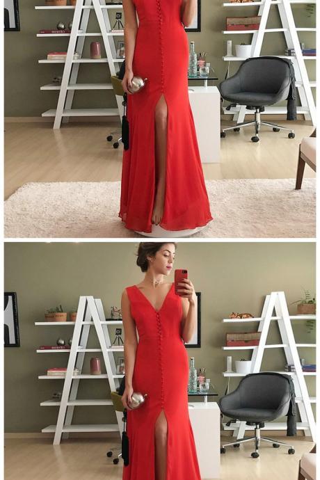 Mermaid V-neck Split Front Floor-length Red Chiffon Prom Dress