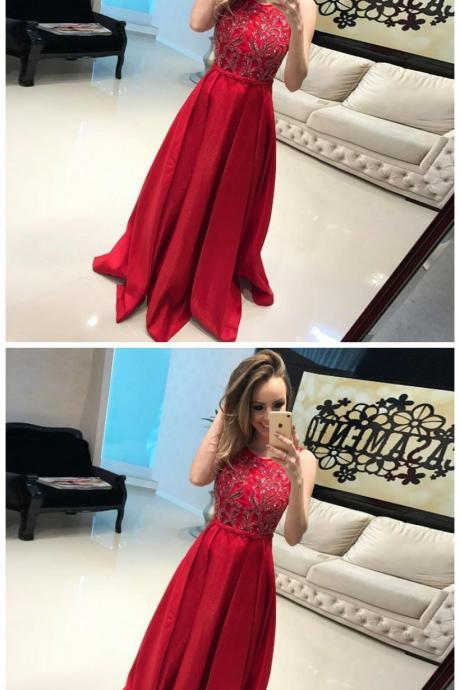 A-line Round Neck Sweep Train Red Satin Prom Dress With Appliques