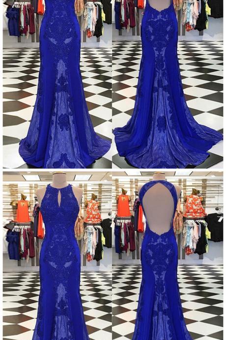 Mermaid Round Neck Keyhole Open Royal Blue Prom Dress With Lace Beading
