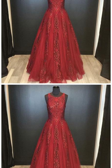 A-line Round Neck Floor-length Red Beaded Prom Dress With Lace