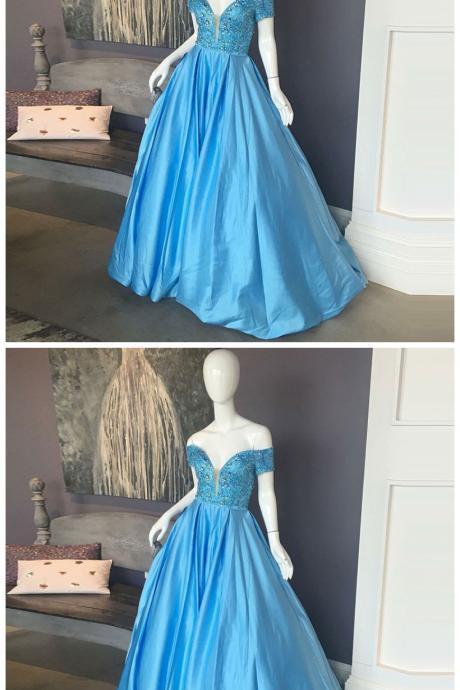 A-line Off The Shoulder Blue Beaded Prom Dress With Lace