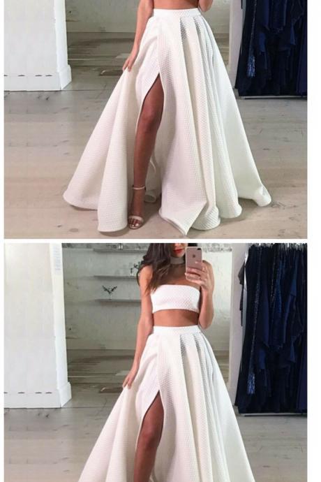 Two Piece Strapless Split Front White Long Prom Dress