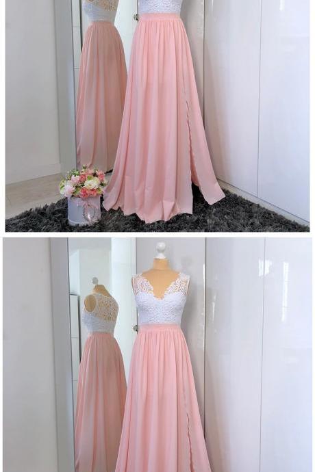 A-line V-neck Split Front Pink Satin Prom Dress With White Lace