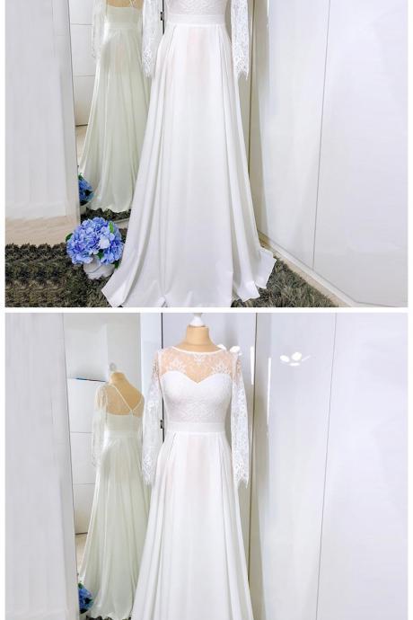 A-line Jewel Long Sleeves Floor-length Backless White Prom Dress With Lace