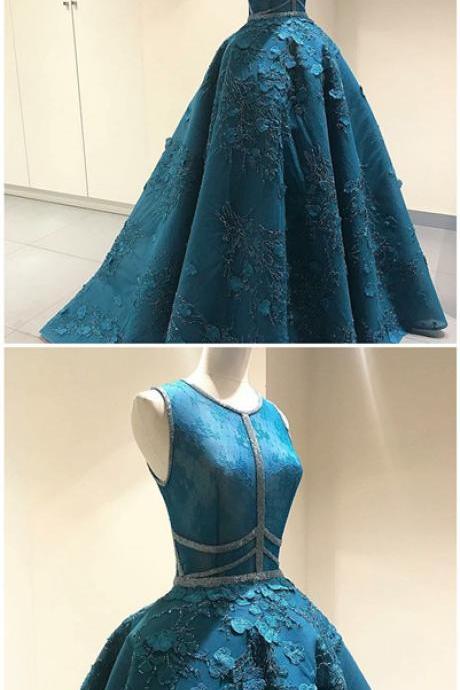 Ball Gown Round Neck Beaded Turquoise Prom Dress With Sequins Flowers