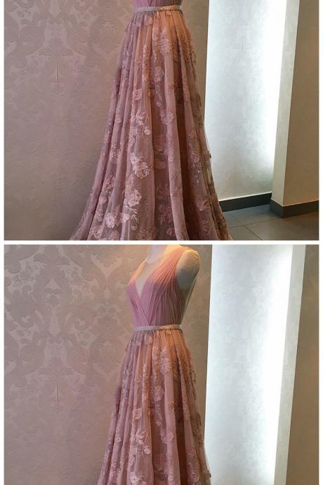 A-line Round Neck Beaded Long Pink Tulle Prom Dress With Appliques