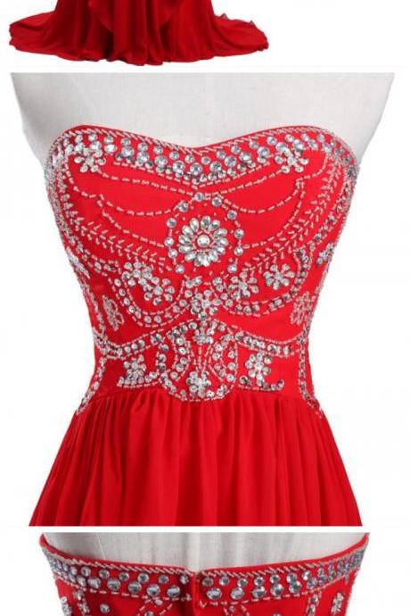 Red Chiffon Sweet Heart Formal A Line Simple Long Prom Dresses