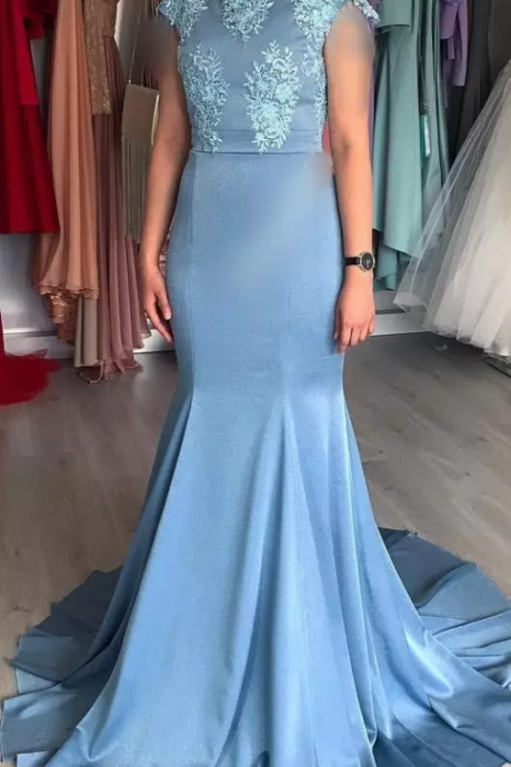 Mermaid Formal Evening Dresses Short Sleeve Jewel Lace Applique Sweep Train Satin Prom Party Gown Plus Size Mother Of Bride Wear
