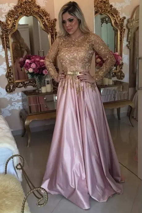 Latest Pink O-neck Long Sleeve Evening Dresses Button Back Beaded Sweep Train Formal Evening Gowns Vestido De Noche Prom Dresses