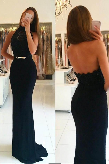 Lace Mermaid Black Prom Dresses High Neck Sleeveless Sexy Back Special Occasion Dresses Appliques Charming Evening Dresses Custom Made