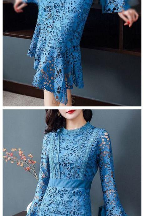 Fashion Stand Collar Flare Lace Mermaid Dress And Lovely