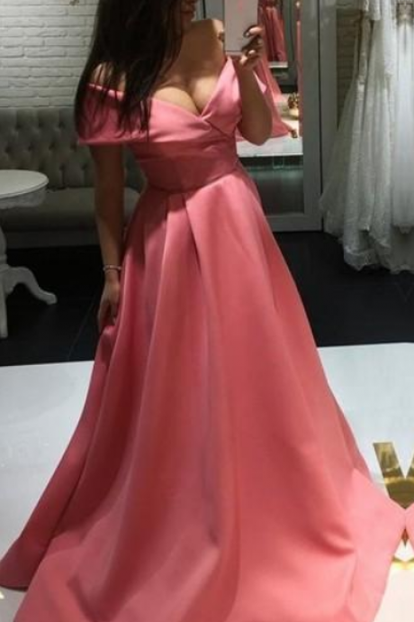 Simple Water Melon Prom Dresses Off Shoulder Pleats A Line Long Modest Satin Evening Party Gowns Plus Size Customized