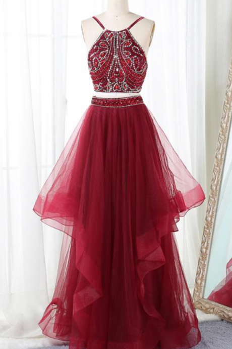 Stylish Straps Wine Red Backless Beaded Two Piece Formal Dresses, Two Piece Prom Dresses,halter Party Dresses