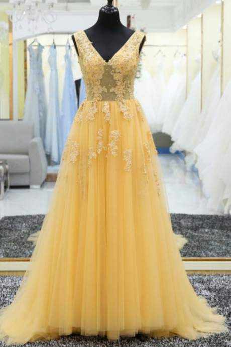 strapless open back dress Yellow Chiffon A Line V Neck Ruffles Prom Dresses, PL700 main image 0