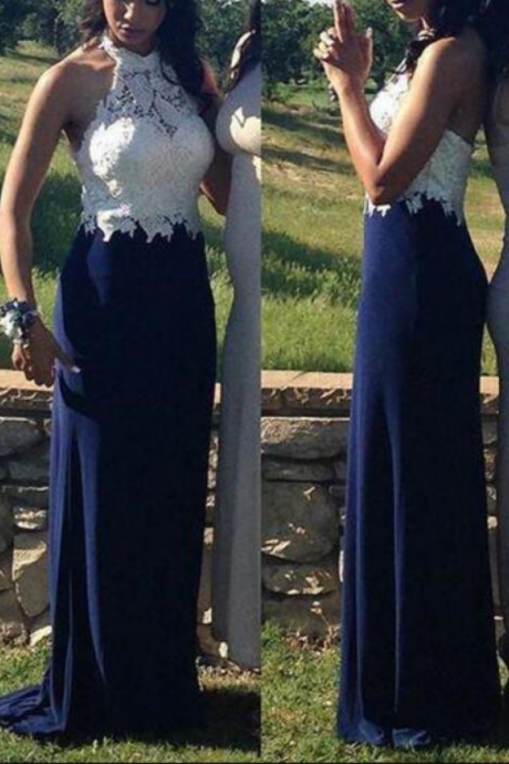 White Lace And Navy Blue Spandex Halter Party Dresses, Evening Gowns, Prom Dresses, Formal Dresses