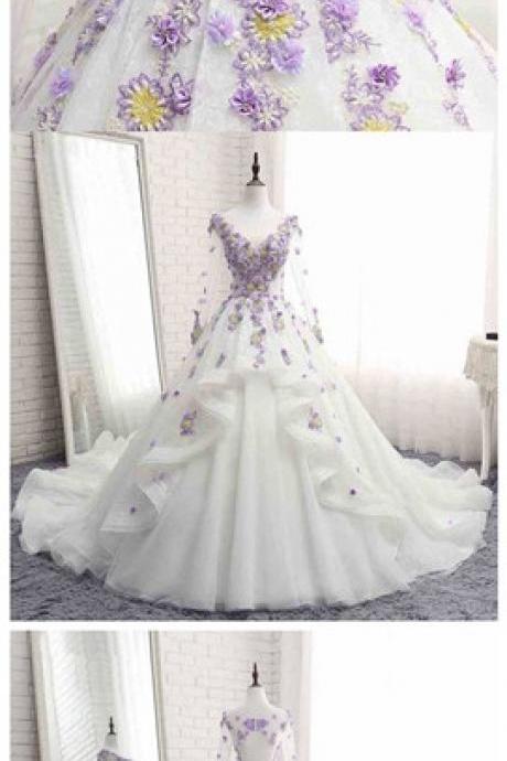 White Tulle Ruffles Long 3d Flower Lace Applique Prom Dress, Quinceanera Dress With Sleeve