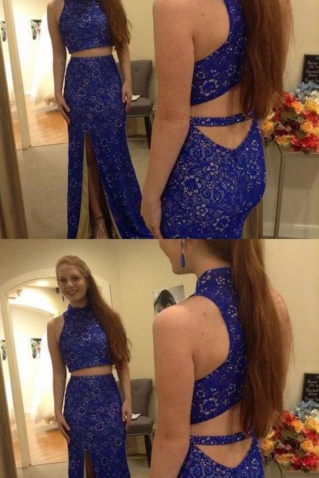 Two Piece High Neck Royal Blue Lace Prom Dress With Beading