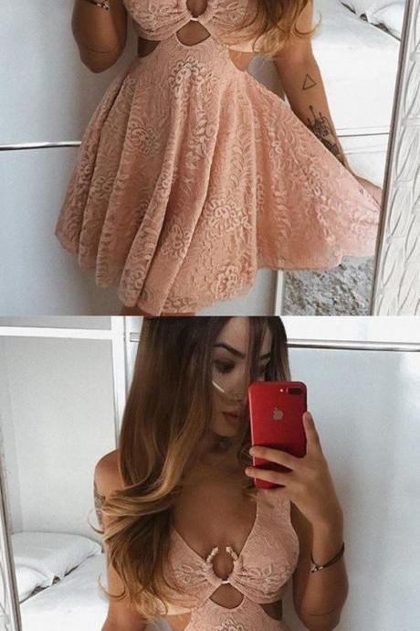 A-line V-neck Short Peach Lace Cut Out Homecoming Dress