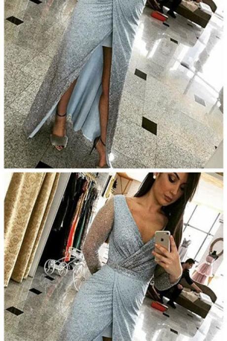 Chic Sheath V Neck Long Sleeves Grey Sequined Prom Dress With Split