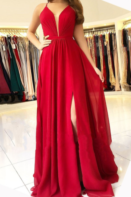 Chiffon Backless Prom Dress,long A-line Red V-neck Woman Formal Evening Gowns With Split