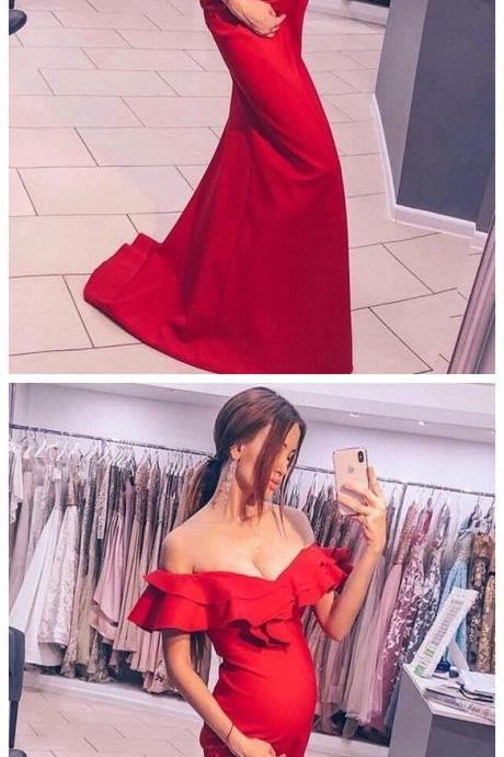 Mermaid Off-the-shoulder Sweep Train Red Prom Dress With Ruffles
