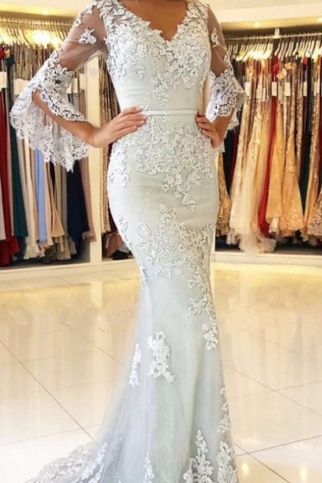Fashion V Neck Prom Dress,sexy Mermaid Prom Dresses, Lace Applique Long Evening Dress,bell Sleeves Floor Length Open Back Dresses ,evening Wear
