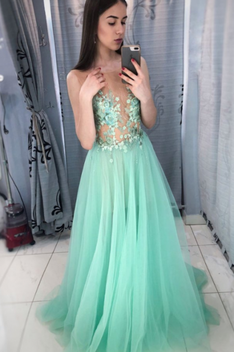 Green Round Neck Tulle Lace Applique Long Prom Dress, Green Evening Dress