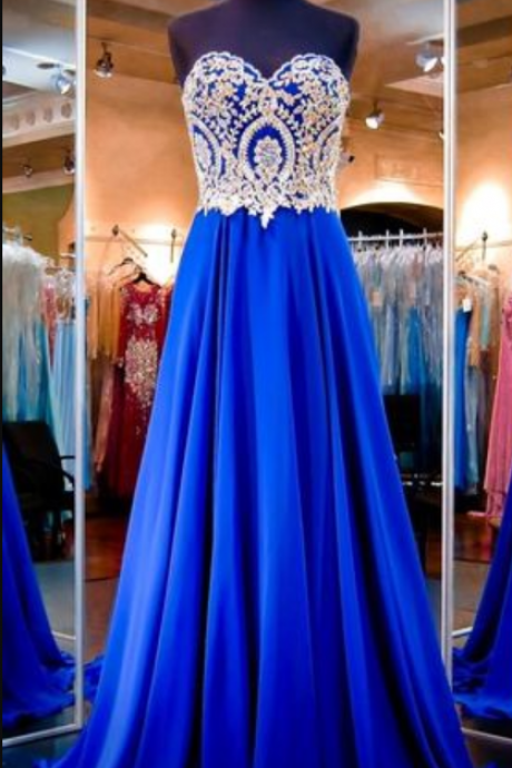 Online Shopping Royal Blue Prom Dresses Real Images Sweetheart Neck Appliqued Beaded Chiffon A Line Long Prom Gowns With Sweep Train Prom Dress