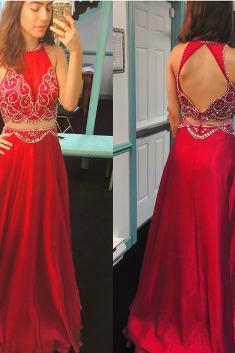 Sexy Red Evening Dresses Long Elegant Backless Satin Two Piece Prom Dress With Beaded Bodice Formal Gowns