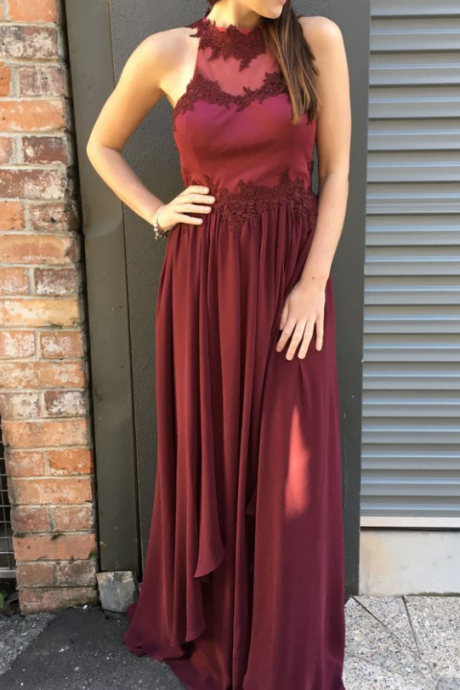 Gorgeous Burgundy Chiffon Long Prom Dress With Open Back,high Neck Backless Evening Dresses