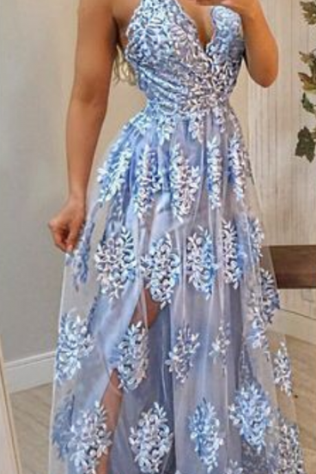 Blue Maxi Dress Open Back Prom Dress With Sequins