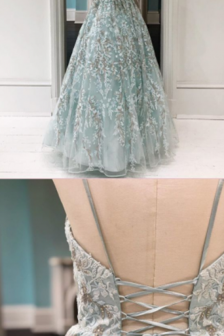 Bateauful Lace Mint Green Prom Dresses With Lace Long Evening Dress Vintage Formal Gowns