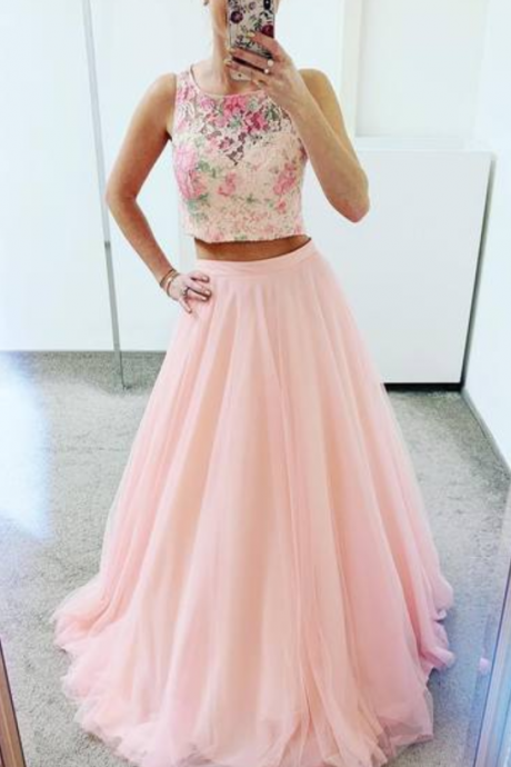 Two Piece Floral Lace Pink Prom Dress