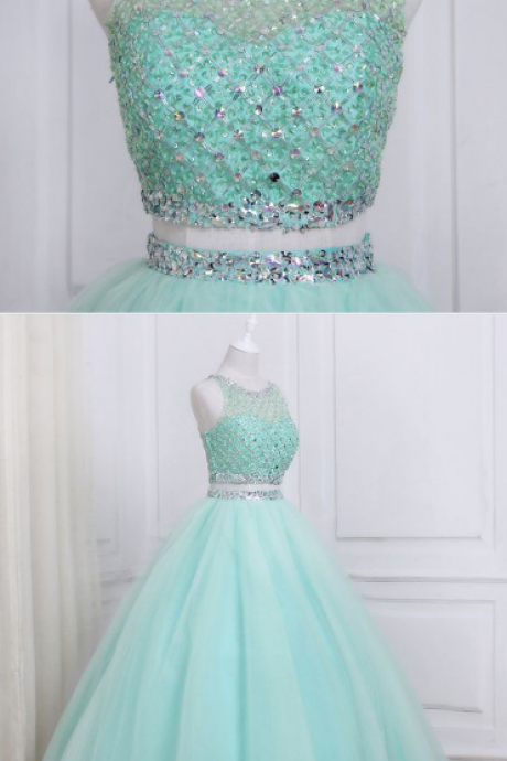 Stylish Mint Tulle Two Piece Long Homecoming Dress, Long Beaded Evening Dresses