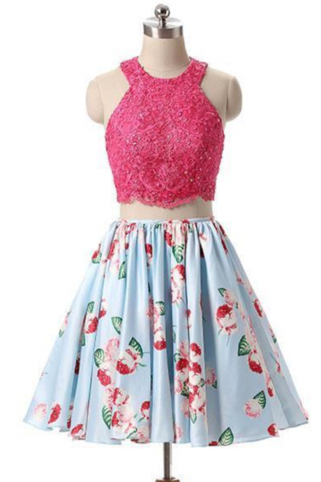 Pink Lace Short Prom Dress, Pink Cute Homecoming Dress