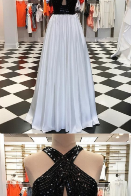 Charming Customized A-line Cross Neck Floor-length White Satin Prom Dress With Sequins Keyhole
