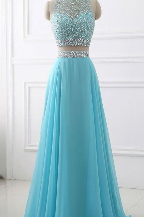 Simple Charming Blue Two Piece Chiffon Beaded Sparkle Long Prom Dress,two Piece Round Neck Sleeveless Junior Party Dress