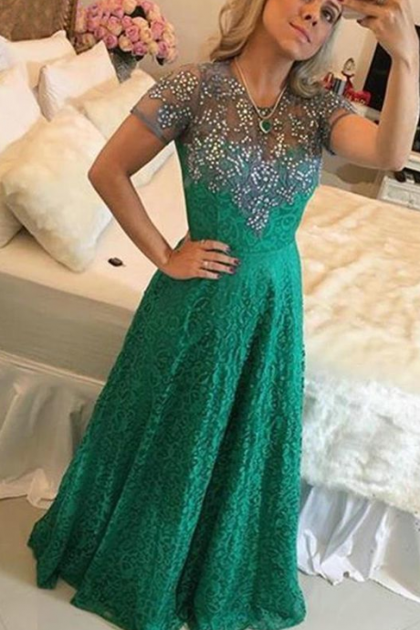 Customized Charming Green Short Sleeveless Long Lace Beading Prom Dresses