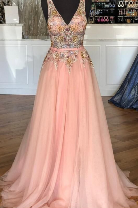 Beautiful Charming Pink Tulle Long Prom Dress With Beading, Gorgeous Long Party Dress