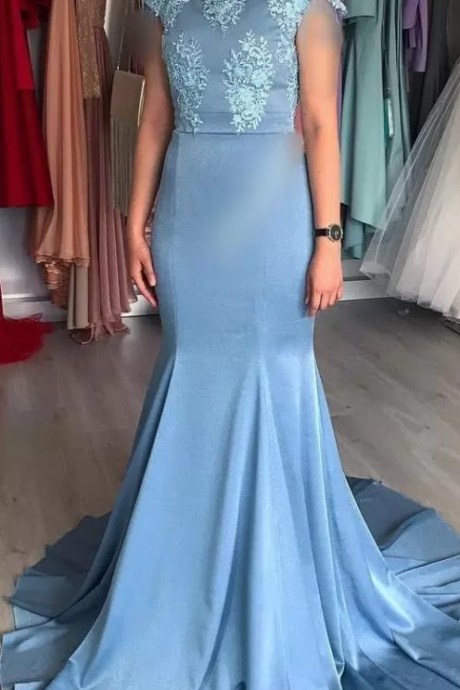 Mermaid Formal Evening Dresses Short Sleeve Jewel Lace Applique Sweep Train Satin Prom Party Gown