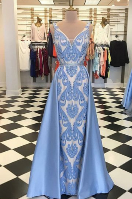 A-line V-neck Floor-length Light Blue Beaded Prom Dress
