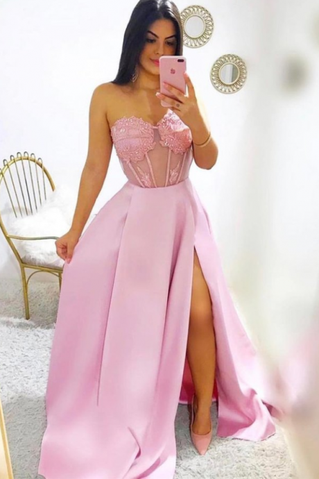 Simple Beautiful Princess Sweetheart Neck Pink Lace Prom Dresses Long, Pink Lace Formal Graduation Evening Dress